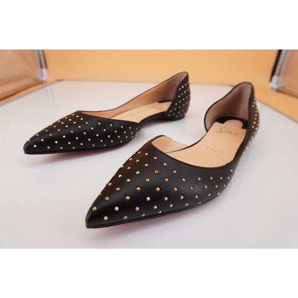 Christian Louboutin Black Leather Iriza Plume Studded d'orsay Flat SZ 38 Pointy - Picture 2 of 10